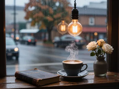 Cozy Coffee Shop Window With Book And Latte