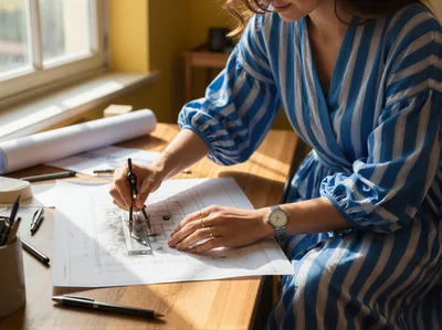 Architect Working On Blueprints With Drafting Compass