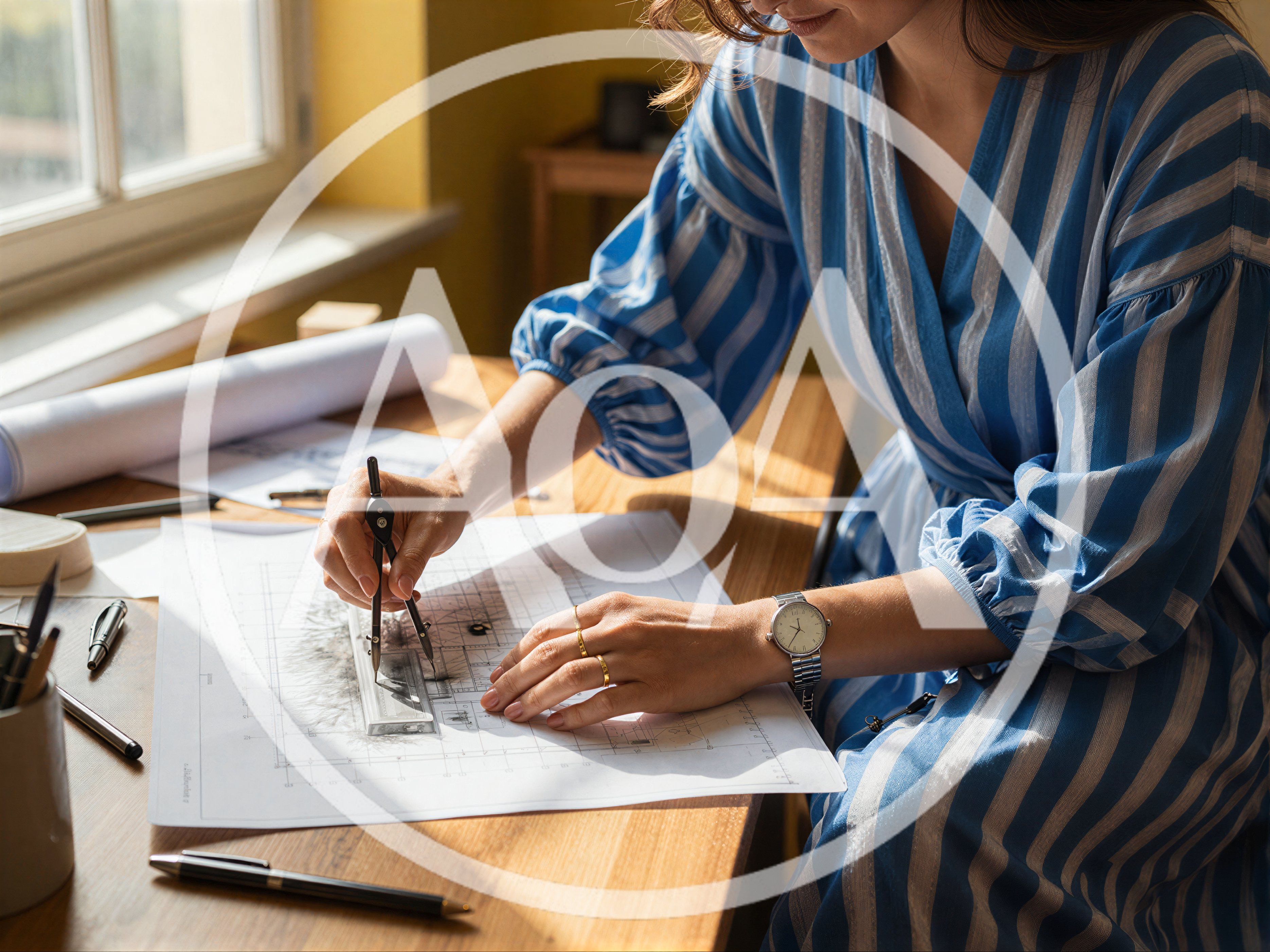 Architect Working On Blueprints With Drafting Compass
