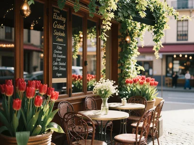 Outdoor Cafe Seating With Tulips And Ivy
