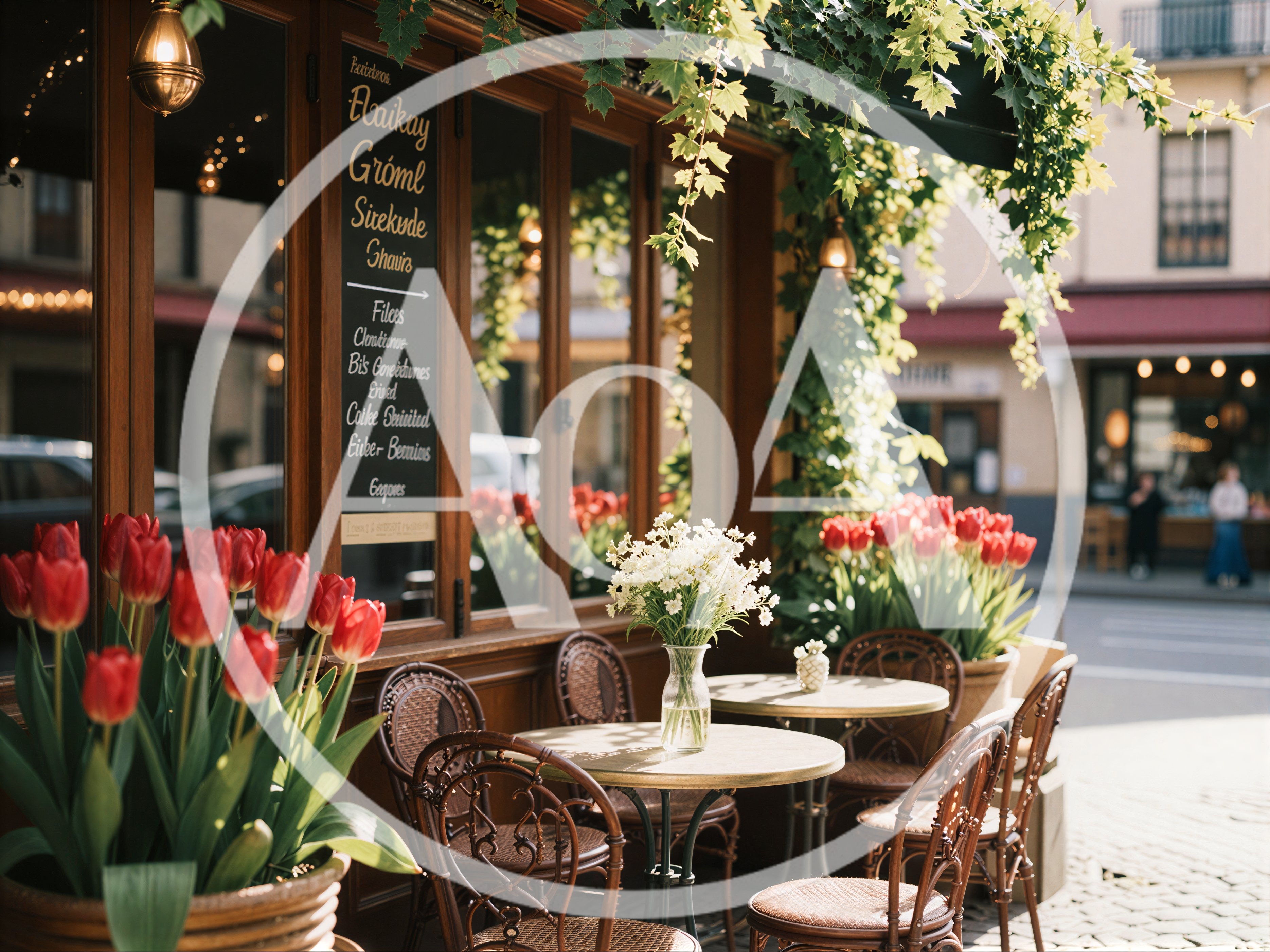 Outdoor Cafe Seating With Tulips And Ivy