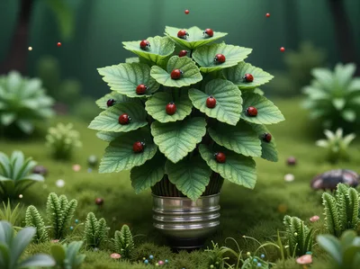 Ladybugs Resting On A Potted Plant In A Forest