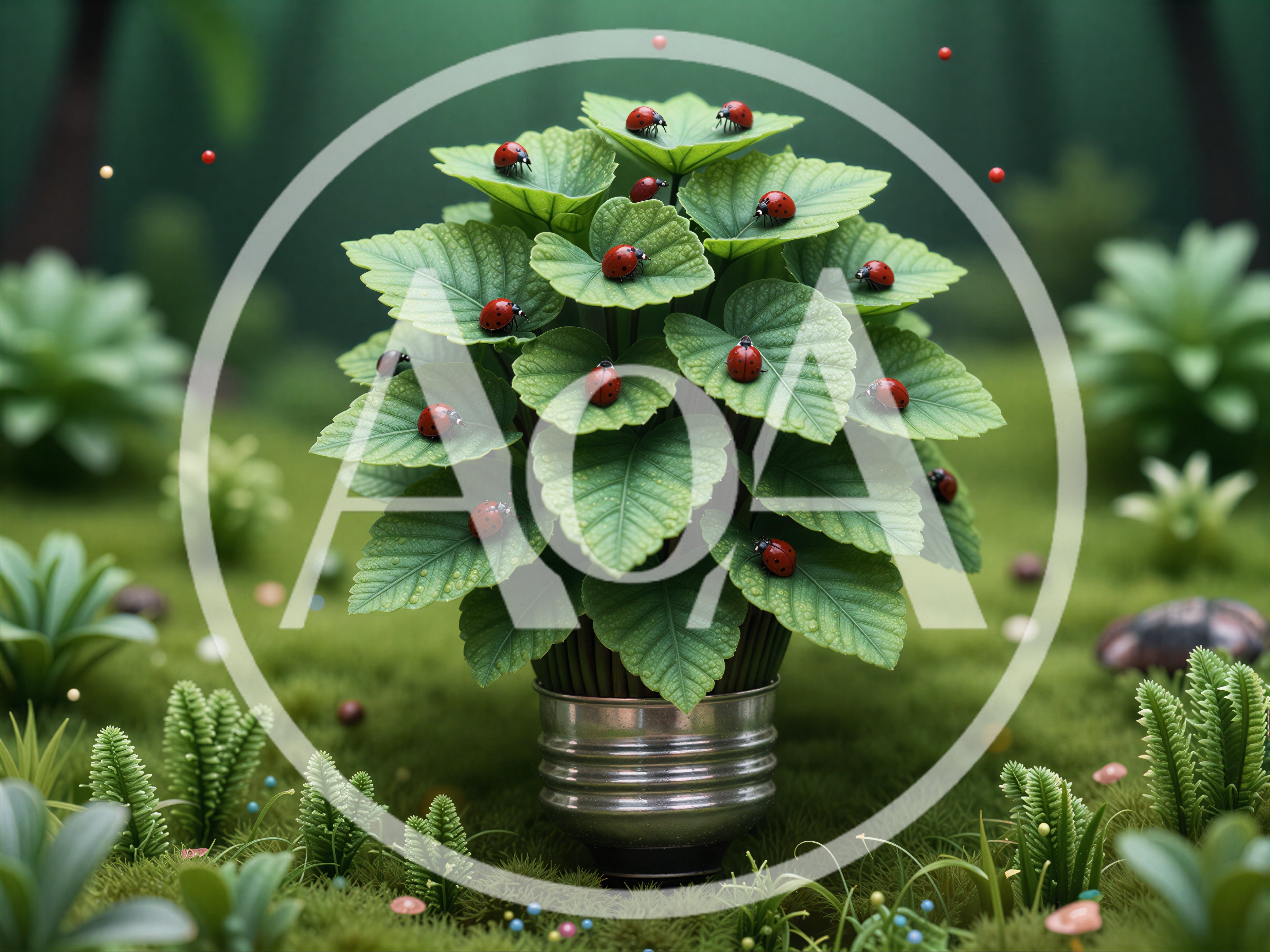 Ladybugs Resting On A Potted Plant In A Forest