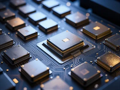 Close Up Of Computer Processor Chips On Circuit Board