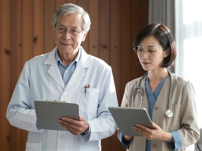Senior Doctor And Colleague Reviewing Medical Records