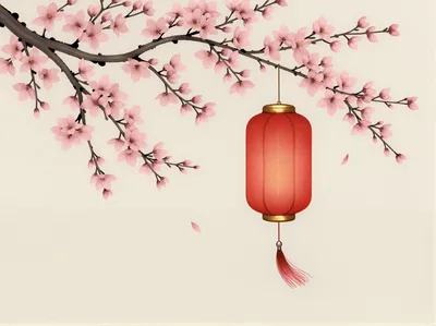 Red Chinese Lantern Hanging From Cherry Blossom Branch