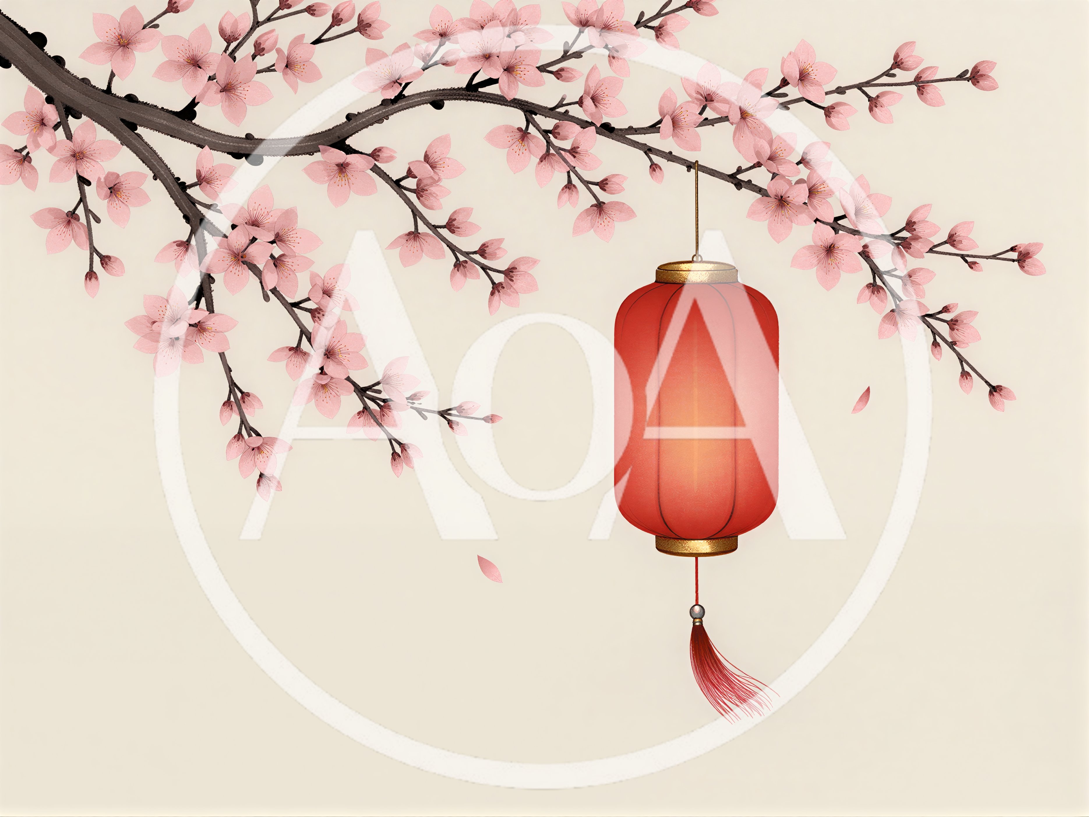 Red Chinese Lantern Hanging From Cherry Blossom Branch