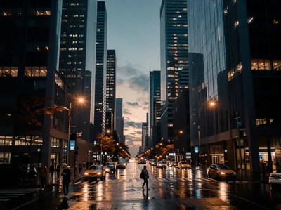 Pedestrians Crossing City Street During Twilight Hour