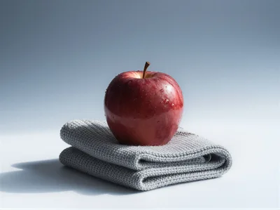Red Apple Resting On A Folded Grey Knit Cloth