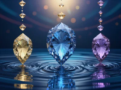 Three Floating Gemstones Creating Ripples In Water