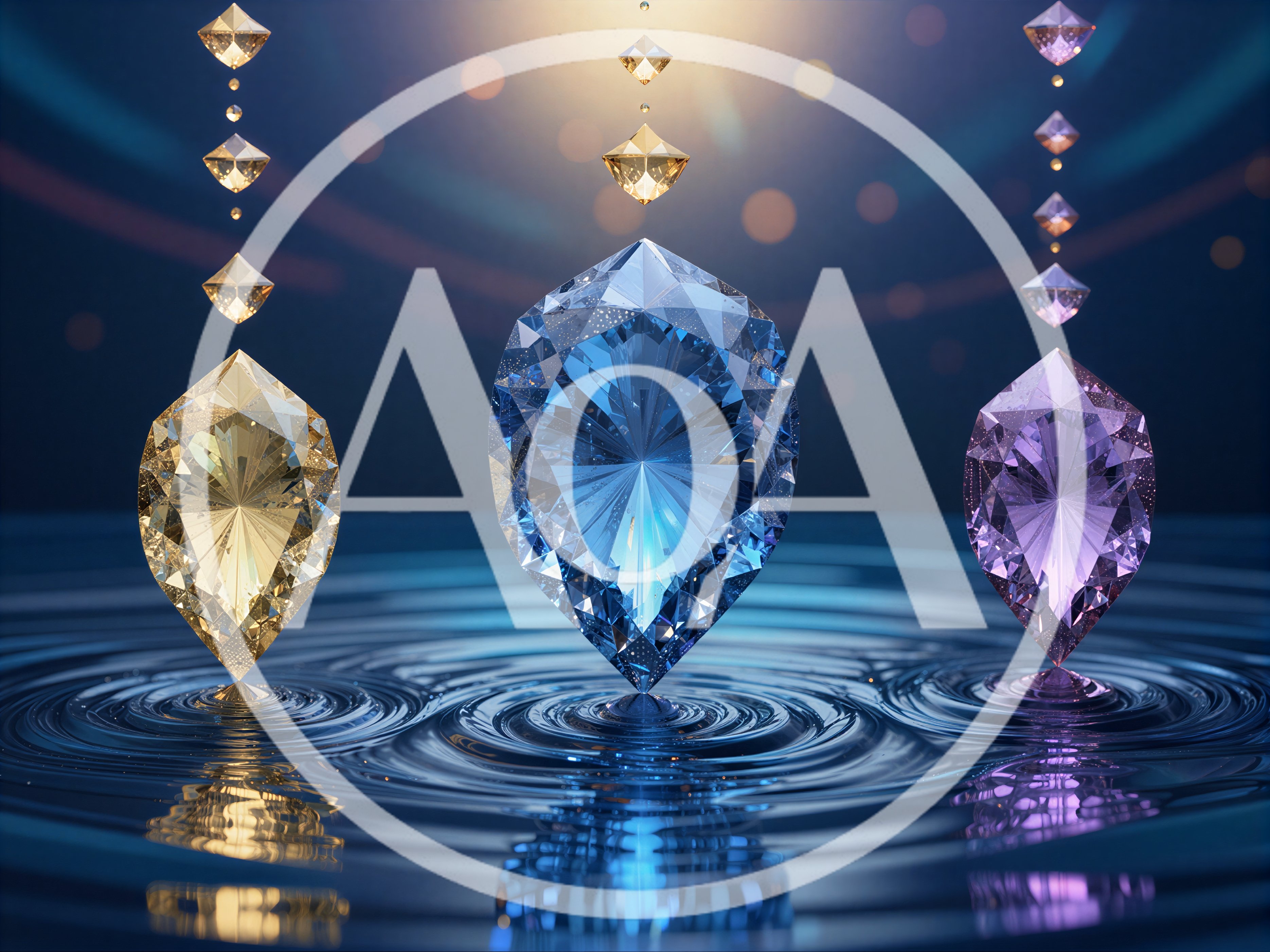 Three Floating Gemstones Creating Ripples In Water