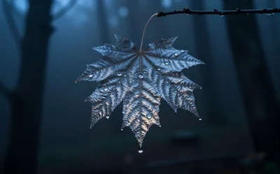 Single Maple Leaf With Dew Drops In Misty Forest