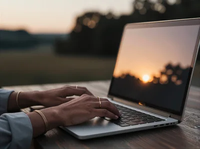 Woman Typing On Laptop Outdoors At Sunset