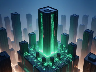 Futuristic Cyberpunk Cityscape With Glowing Data Center Tower