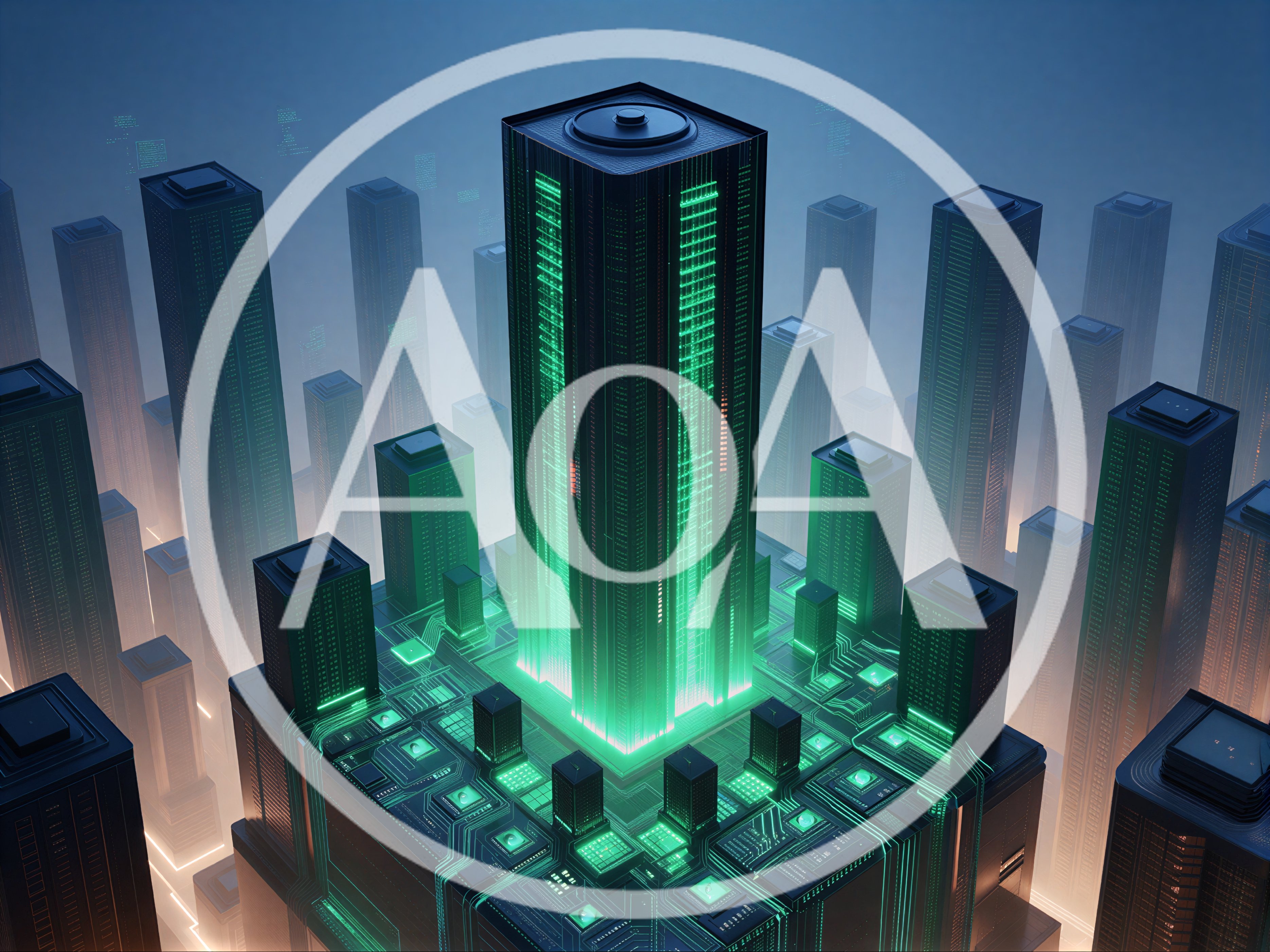 Futuristic Cyberpunk Cityscape With Glowing Data Center Tower