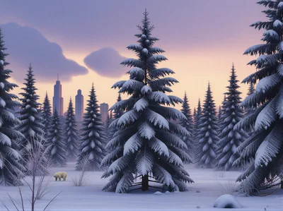 Polar Bear Walking Through Snowy Pine Forest Near City