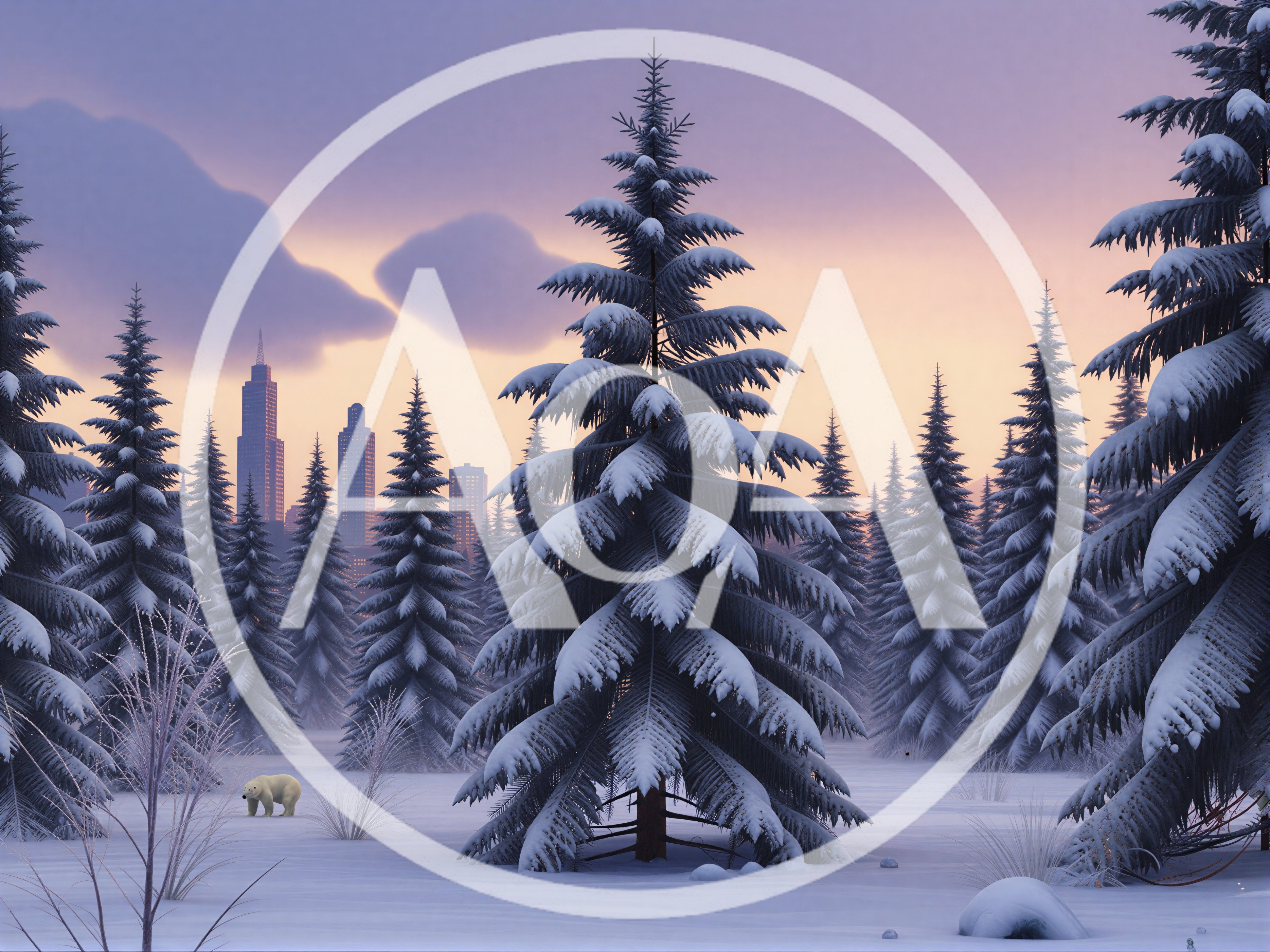 Polar Bear Walking Through Snowy Pine Forest Near City