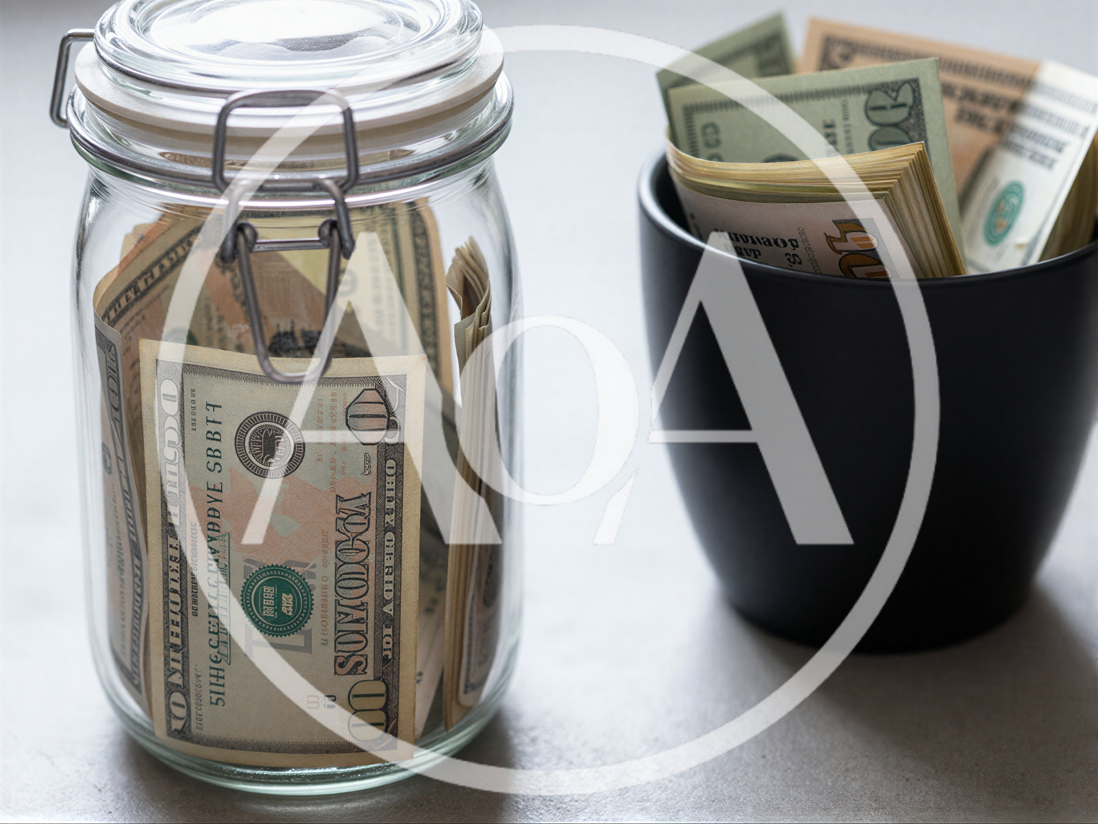 US Dollar Bills Stored In Glass Jar And Black Cup