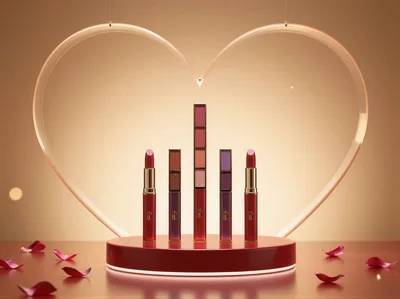 Luxury Cosmetic Products Displayed on Red Podium