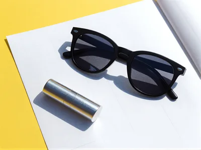 Black Sunglasses And Silver Lipstick On Grid Paper