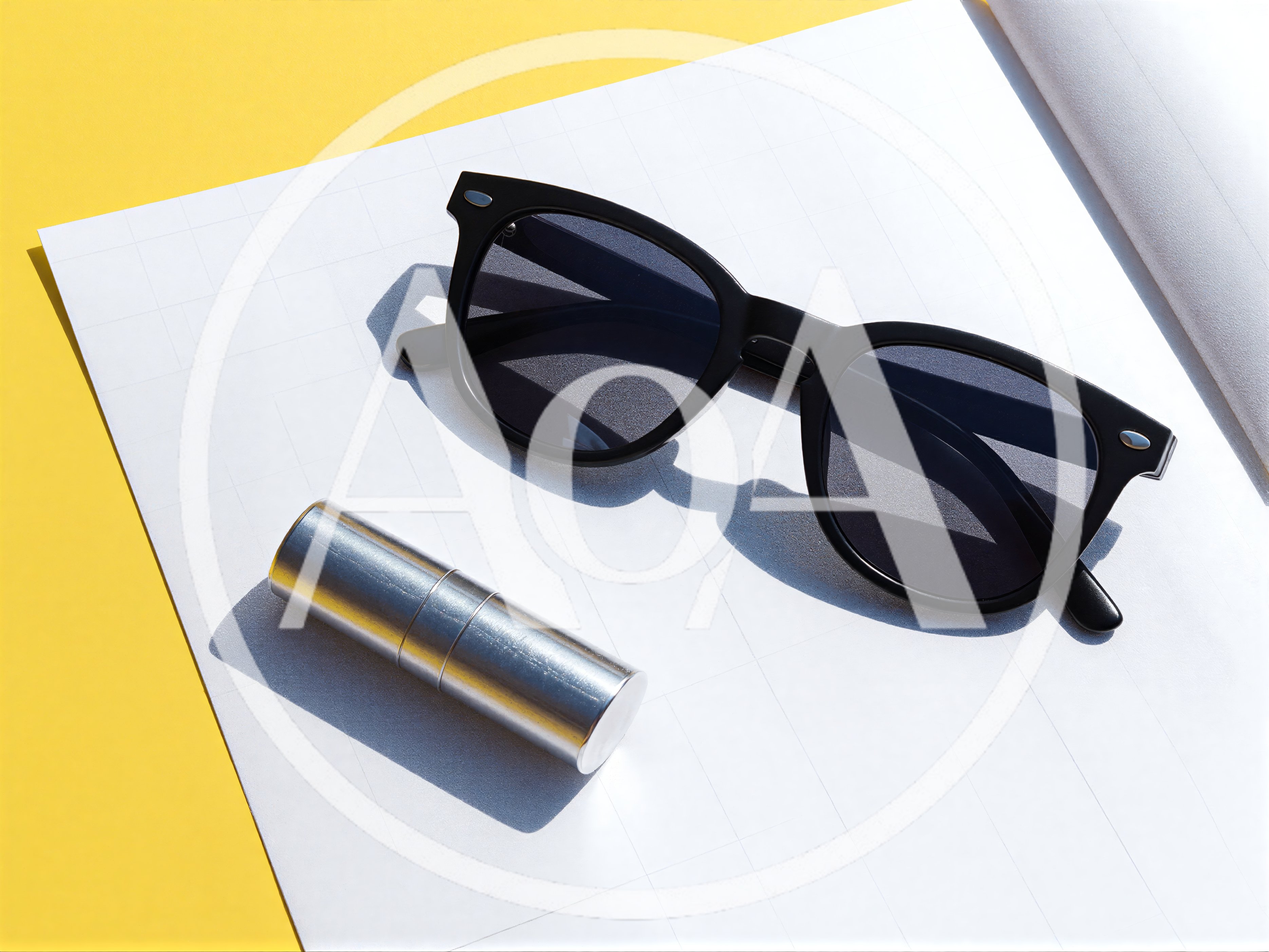 Black Sunglasses And Silver Lipstick On Grid Paper