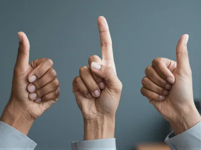 Three Hands Showing Thumbs Up And Pointing Upward
