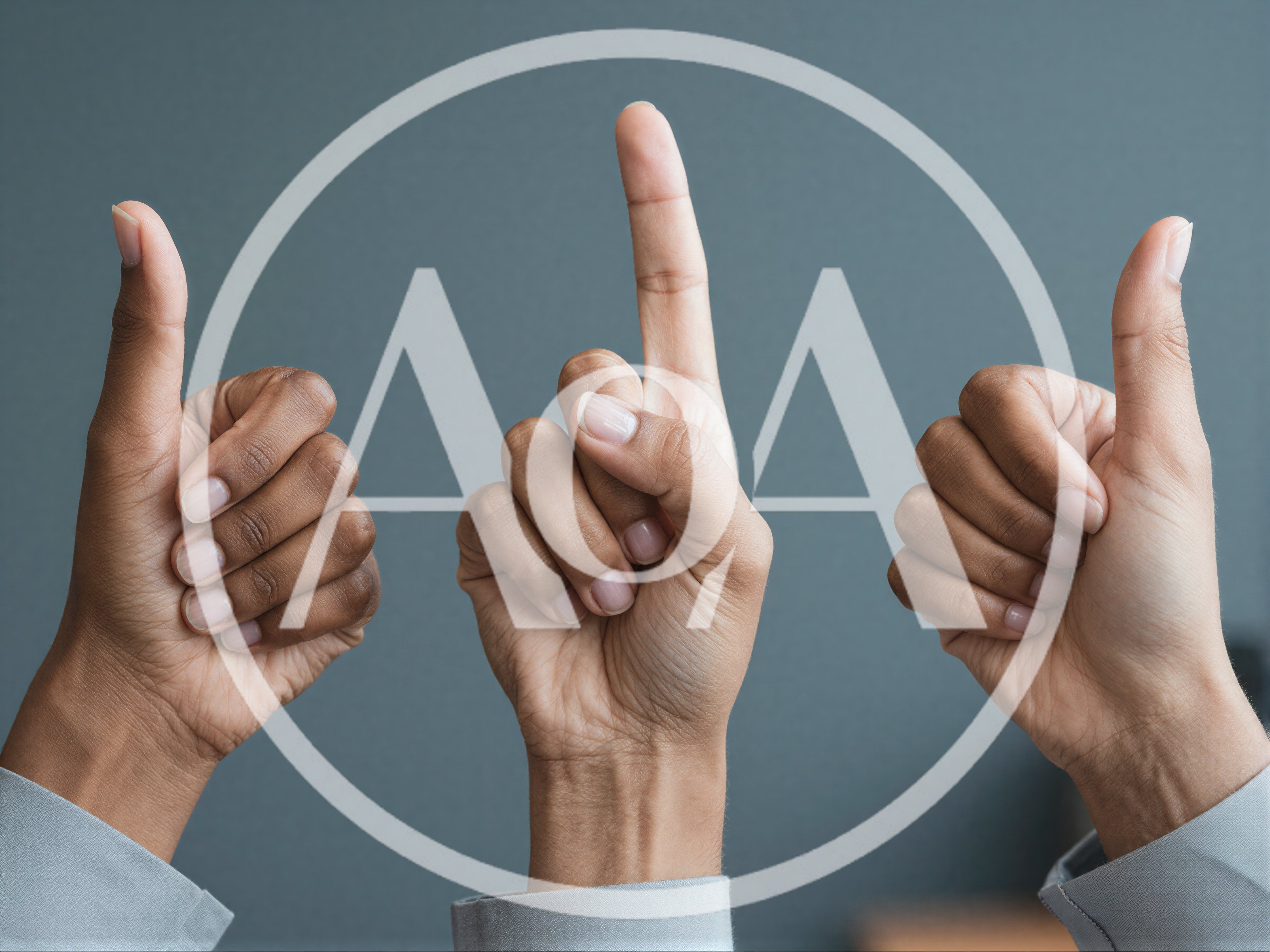 Three Hands Showing Thumbs Up And Pointing Upward