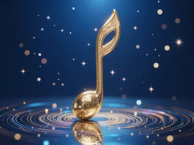 Golden Musical Note Floating Above Glowing Concentric Rings