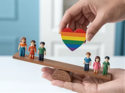 Hands Balancing Wooden Figurines With Rainbow Heart