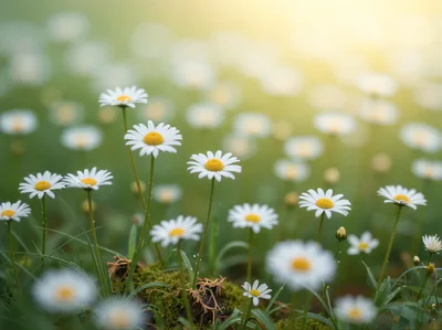 Field Of Blooming White Daisies In Soft Sunlight