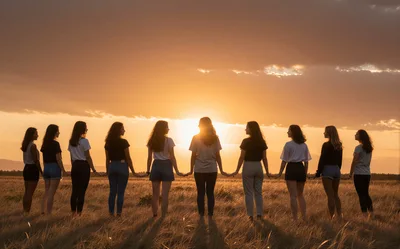 Group Of Women Holding Hands In A Field At Sunset
