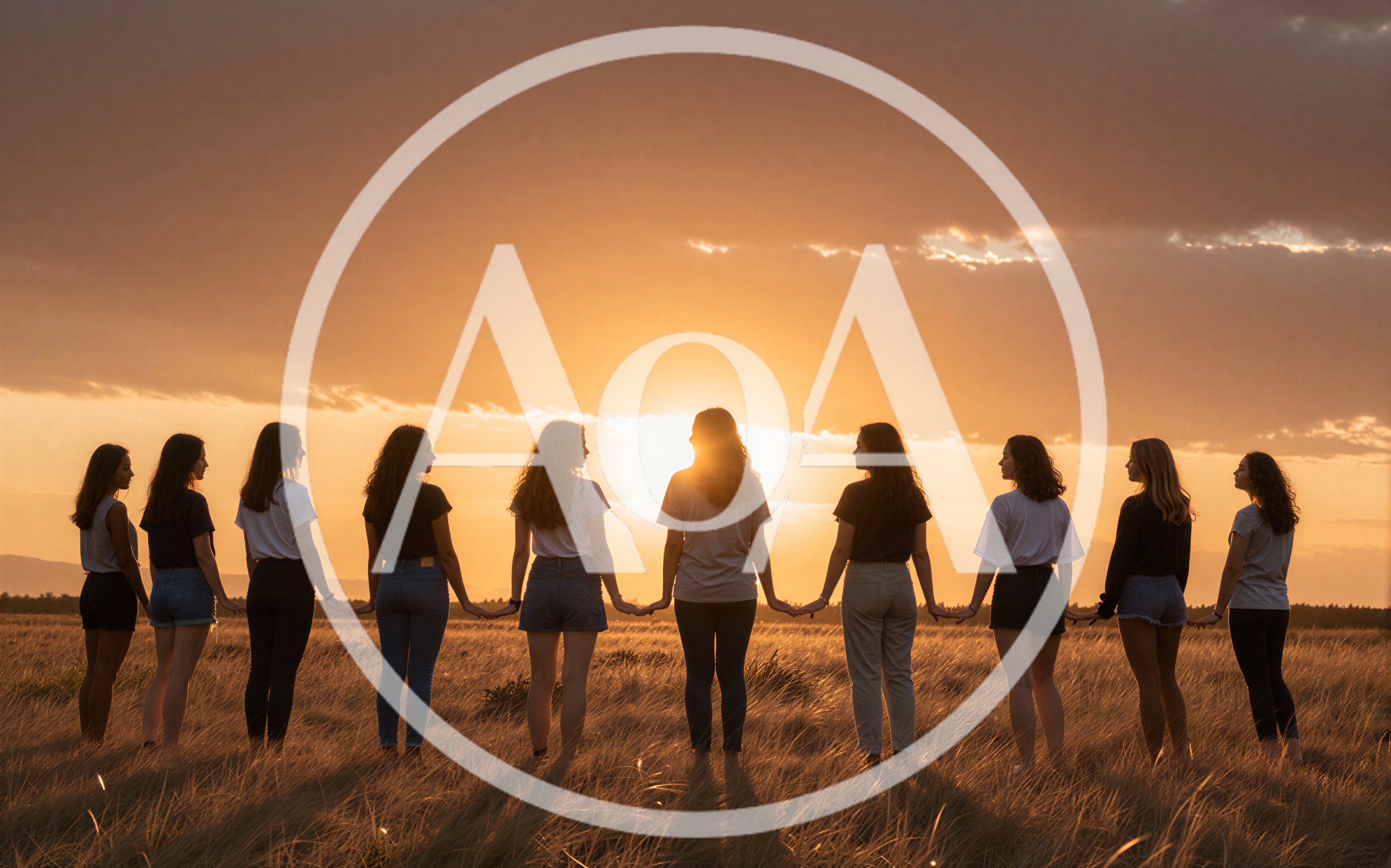 Group Of Women Holding Hands In A Field At Sunset