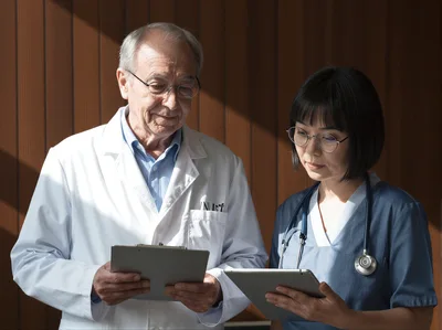 Senior Doctor and Nurse Reviewing Medical Records