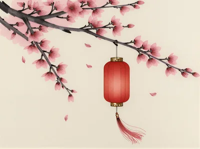 Traditional Chinese Lantern Hanging From A Cherry Blossom Branch