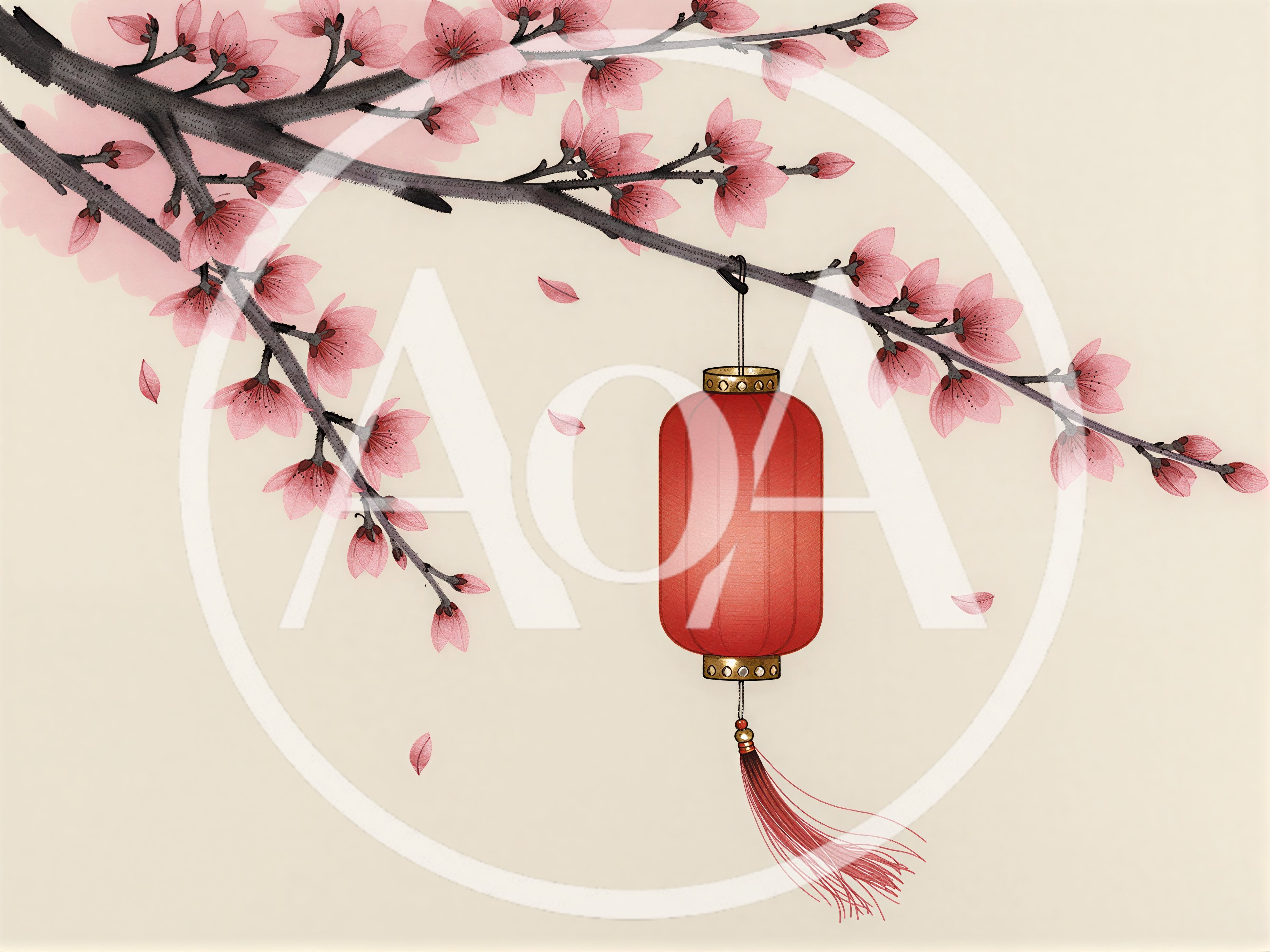 Traditional Chinese Lantern Hanging From A Cherry Blossom Branch