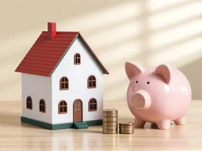 Model House Piggy Bank and Stacks of Coins