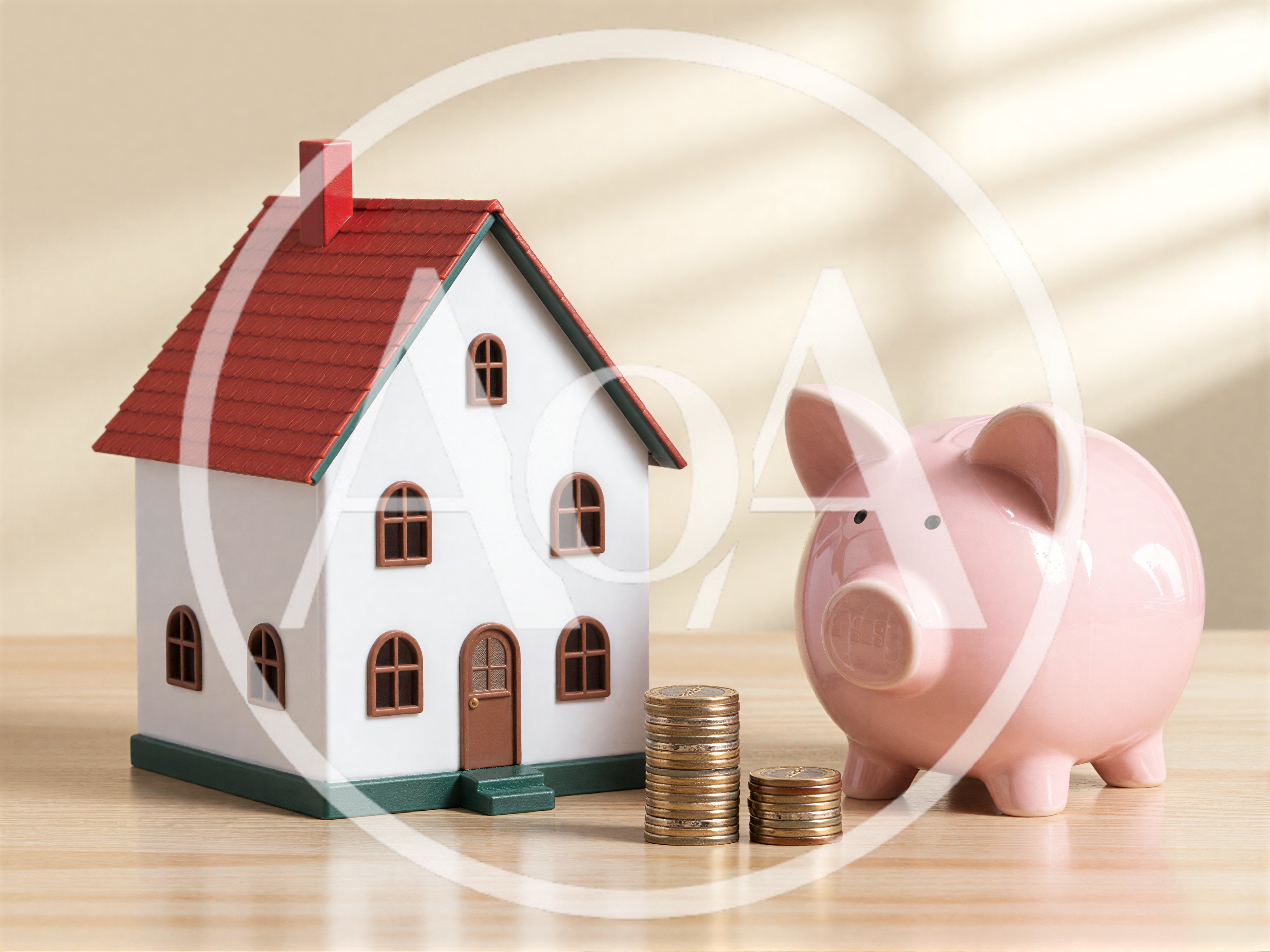 Model House Piggy Bank and Stacks of Coins