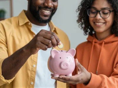 Happy Couple Saving Money In A Piggy Bank