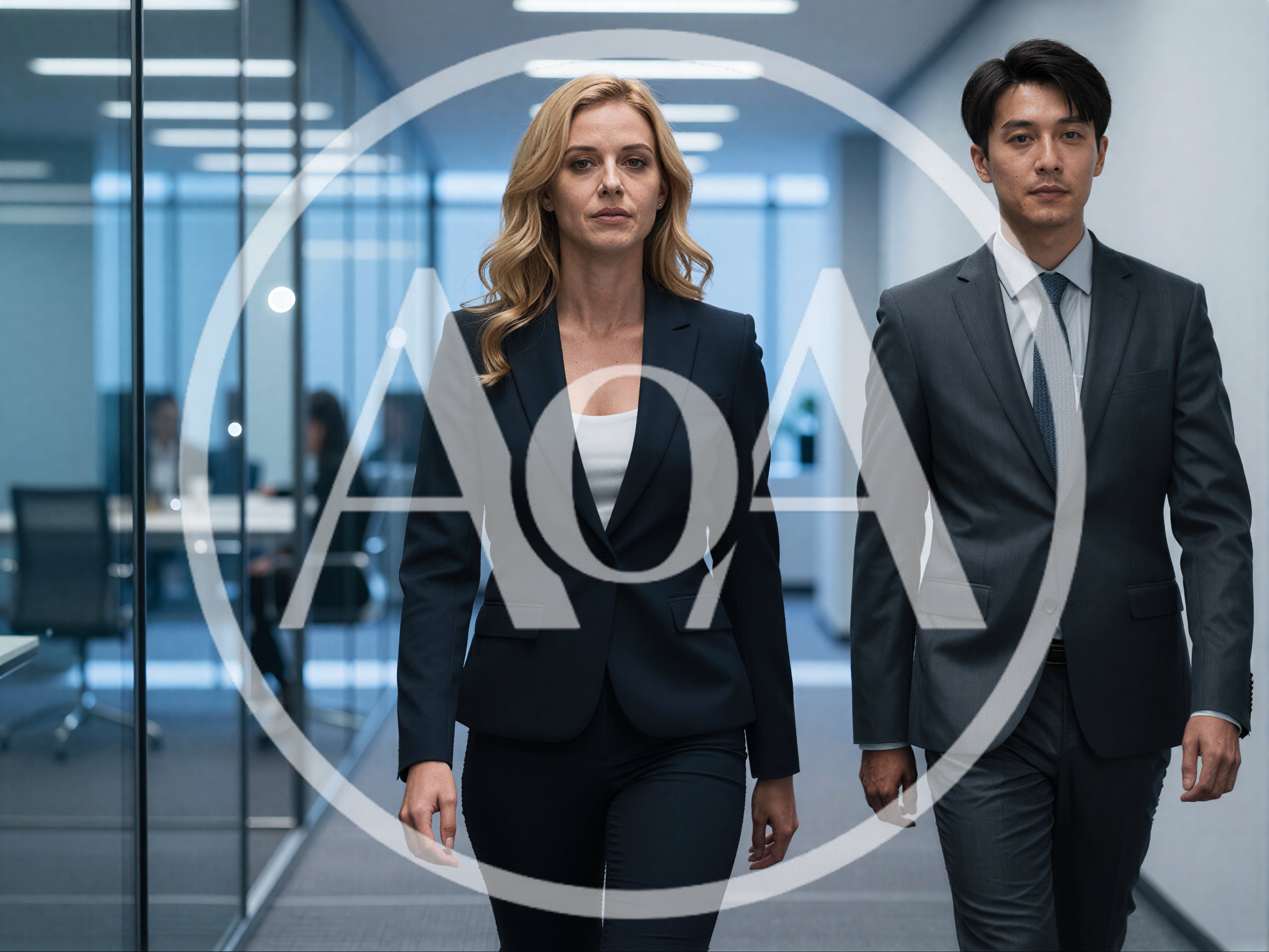 Professional Business Colleagues Walking Through Modern Office Corridor