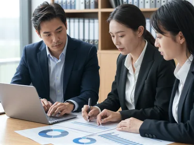 Business Professionals Collaborating on Financial Reports in Office