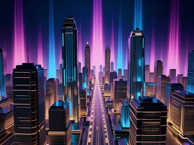 Futuristic Cityscape With Neon Lights And Skyscrapers