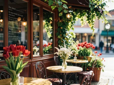 Outdoor Cafe Terrace With Flowers And Bistro Tables
