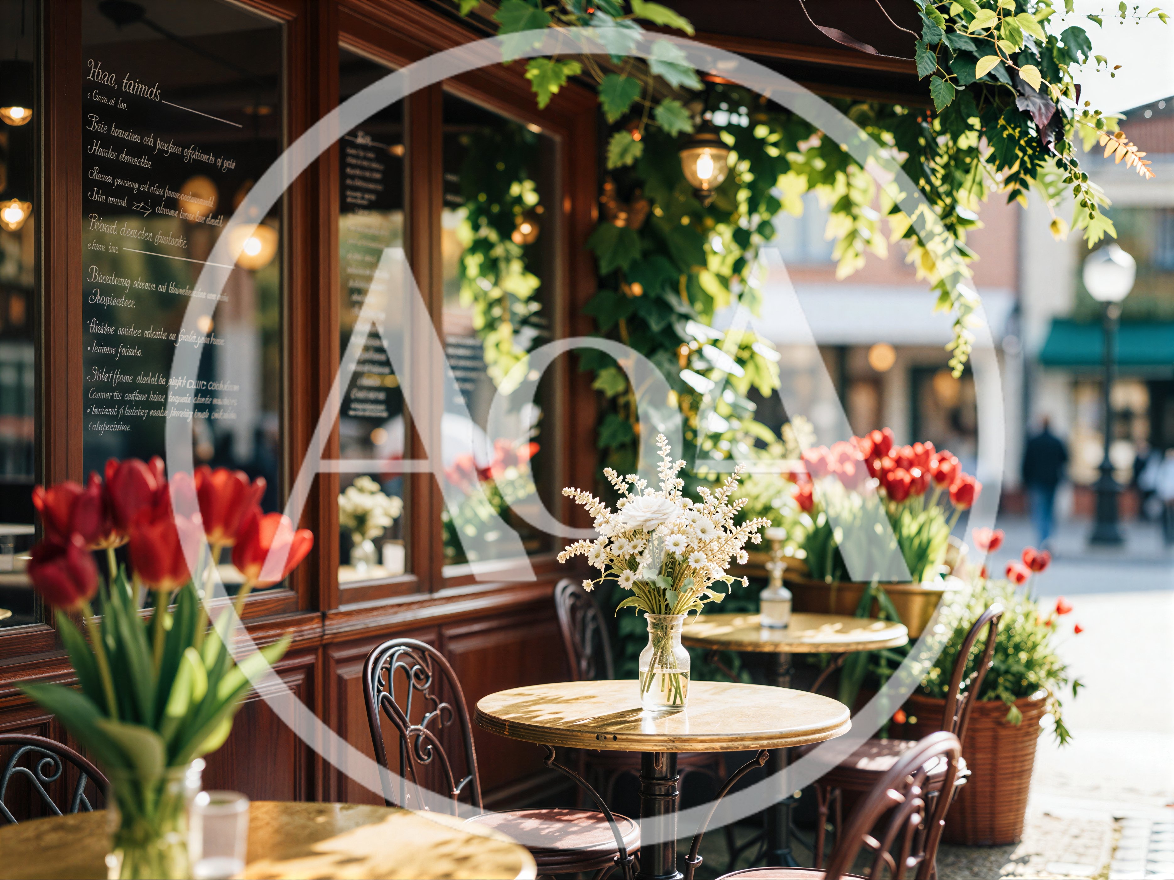 Outdoor Cafe Terrace With Flowers And Bistro Tables