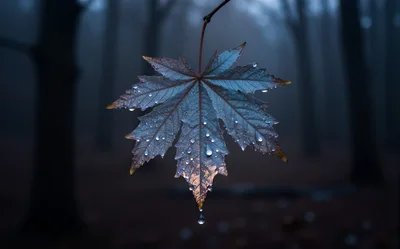 Single Maple Leaf With Raindrops In Misty Forest
