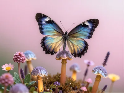 Blue Butterfly Resting On A Mushroom In A Garden