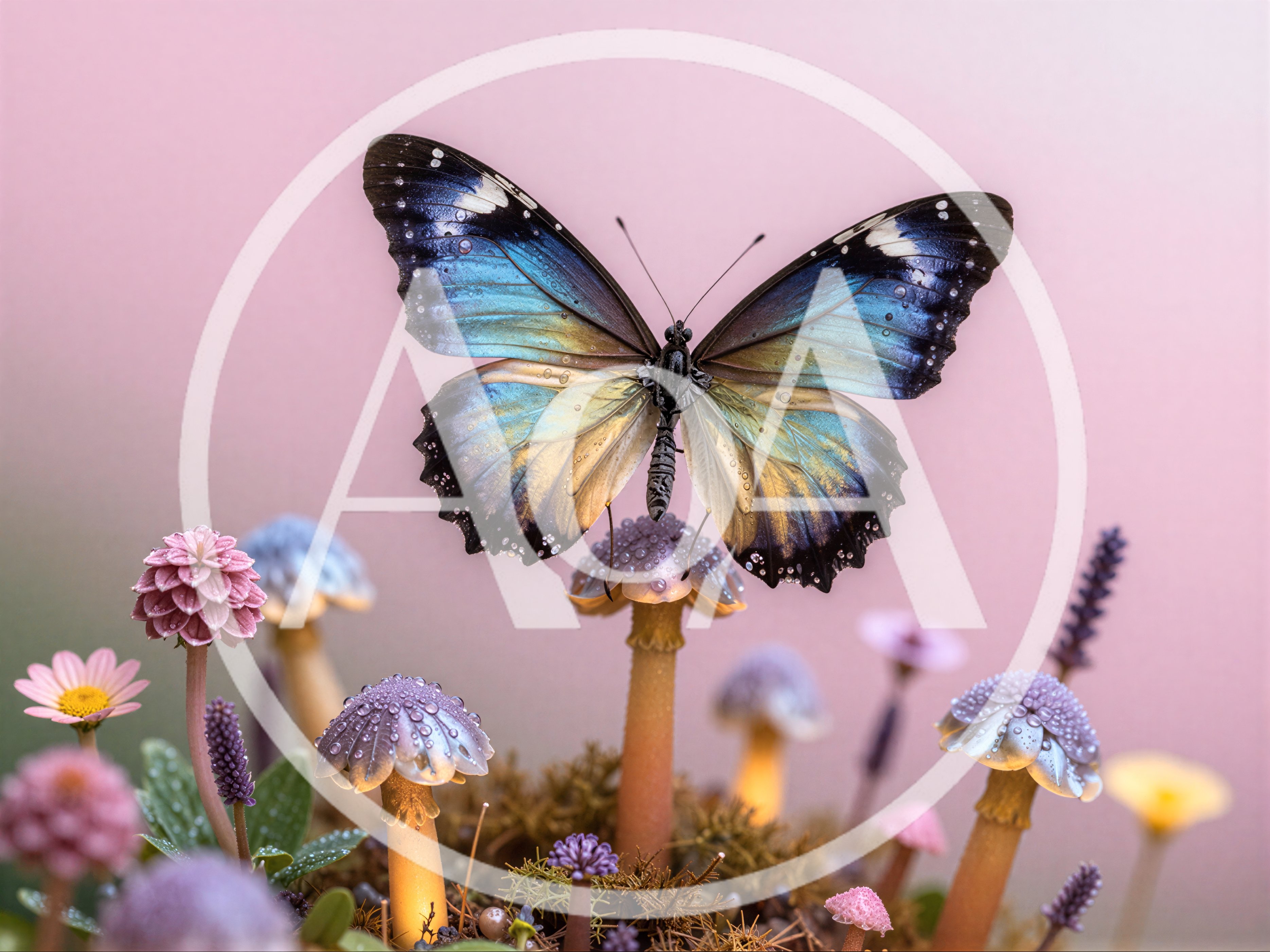 Blue Butterfly Resting On A Mushroom In A Garden