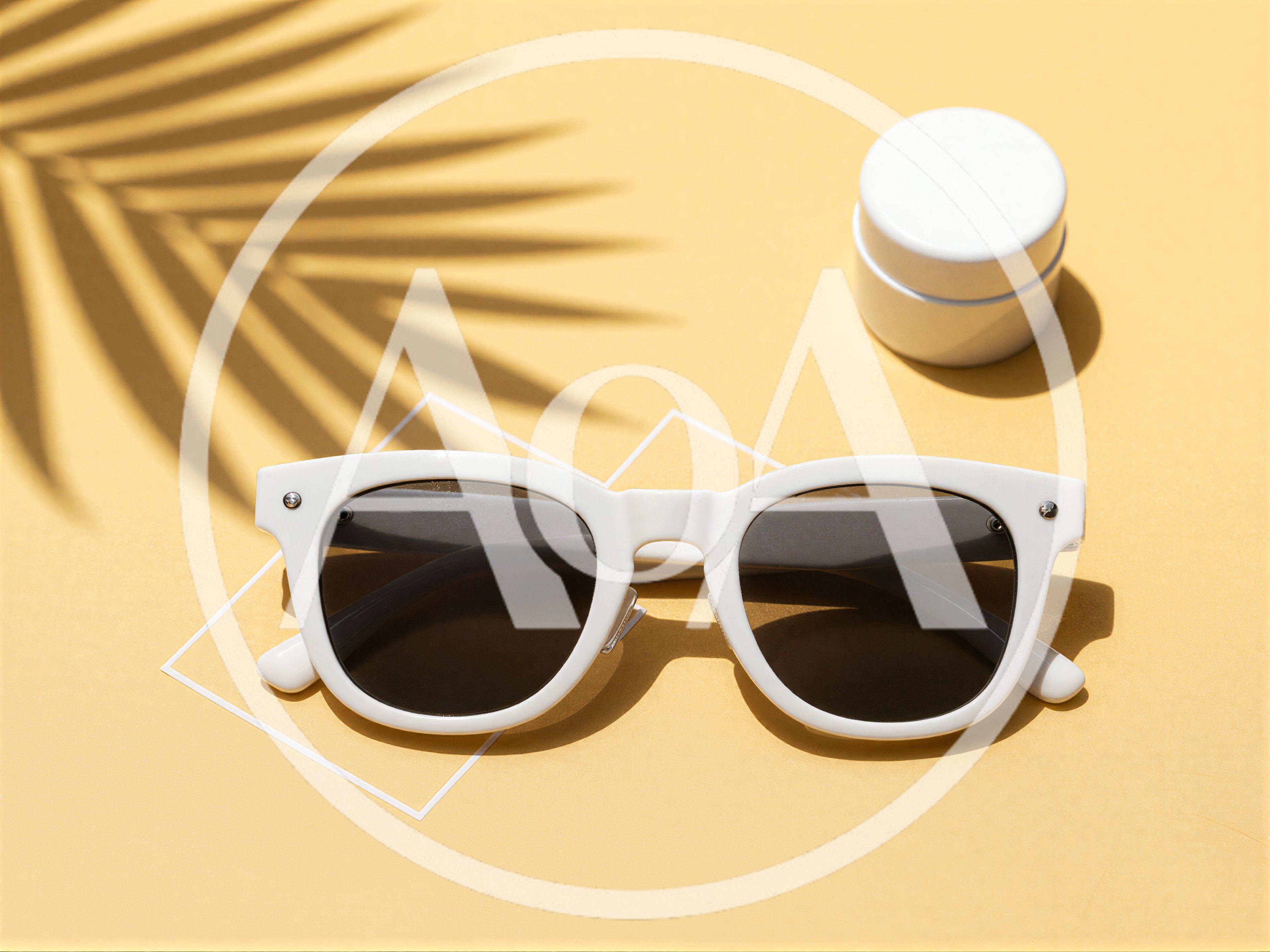 White Sunglasses and Skincare Jar on Yellow Background