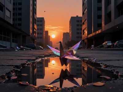 Iridescent Origami Crane Floating Above A Puddle At Sunset