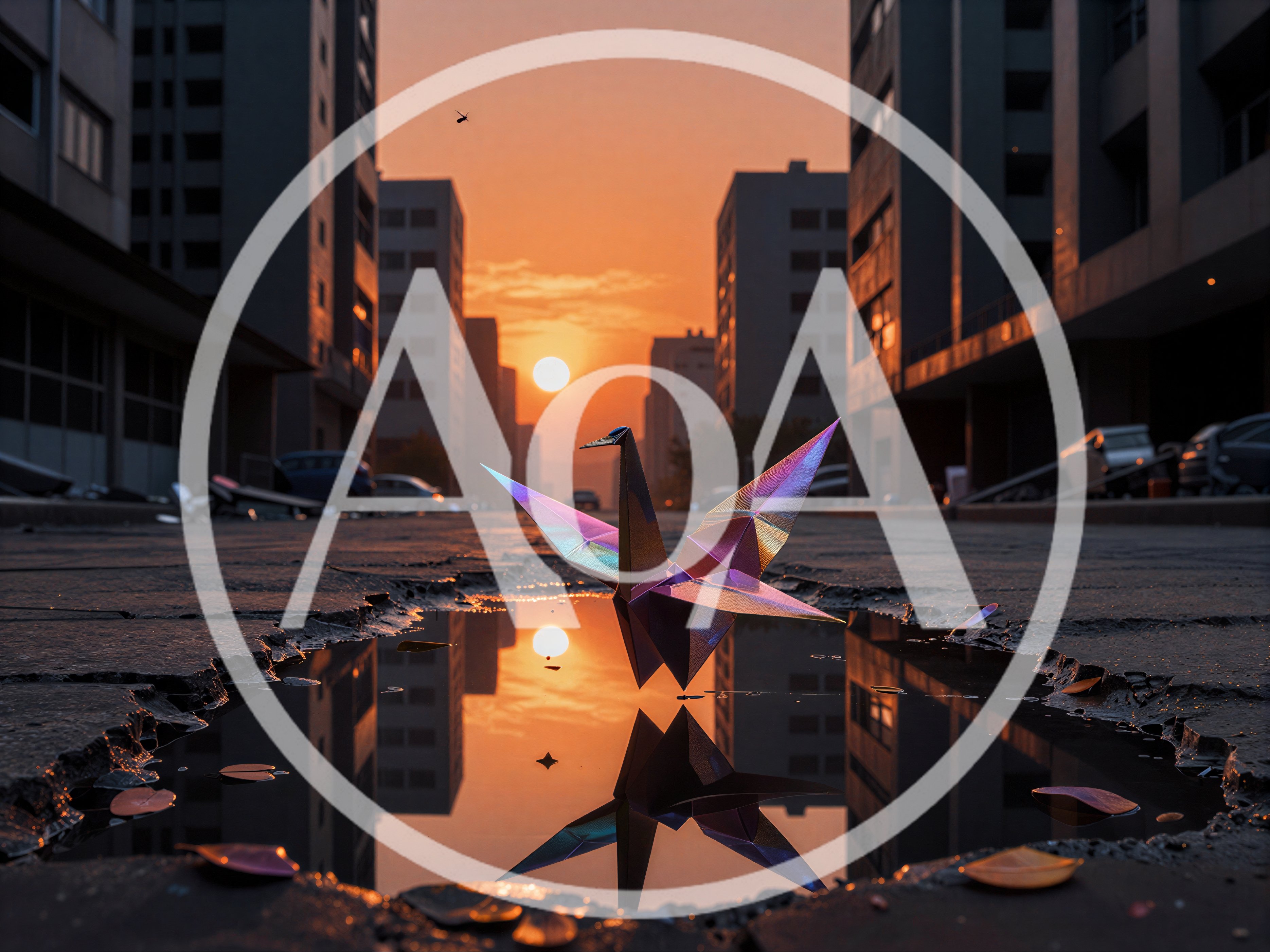 Iridescent Origami Crane Floating Above A Puddle At Sunset