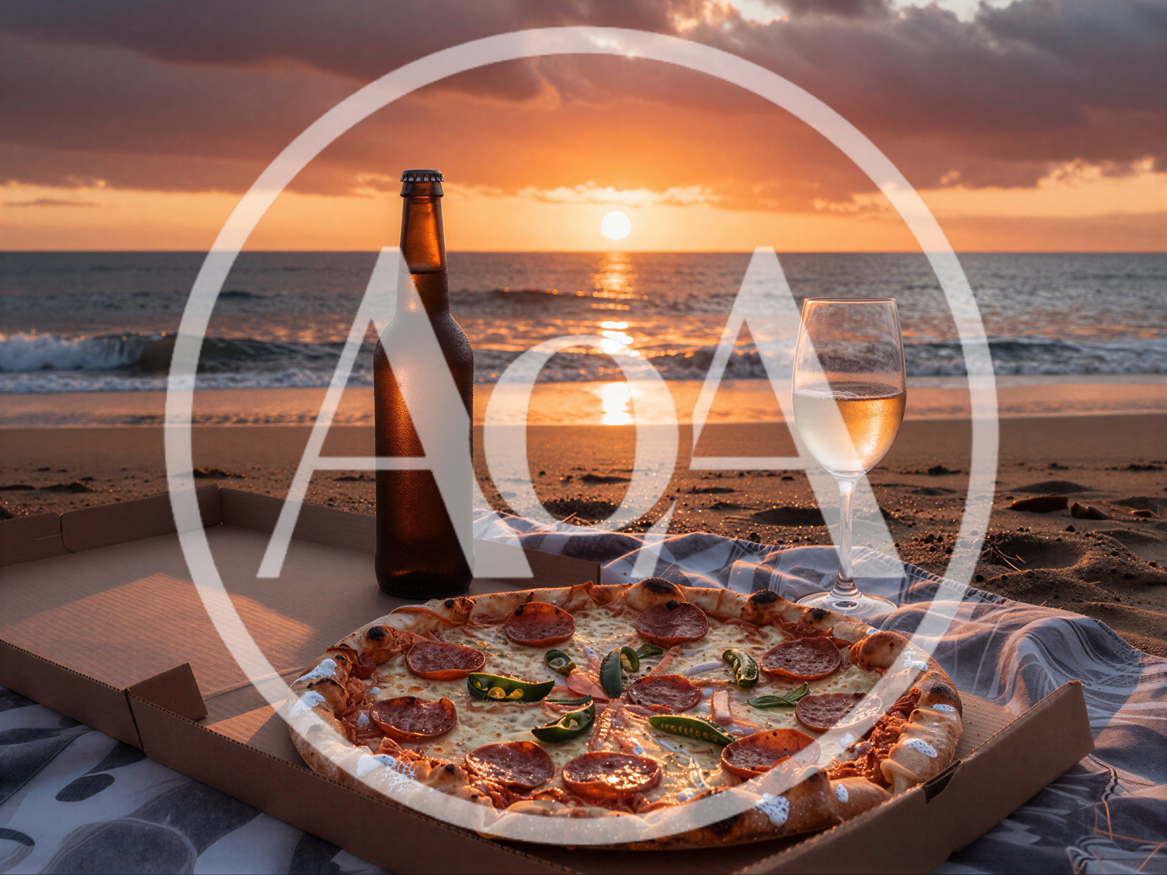 Pizza and Drinks on a Beach at Sunset